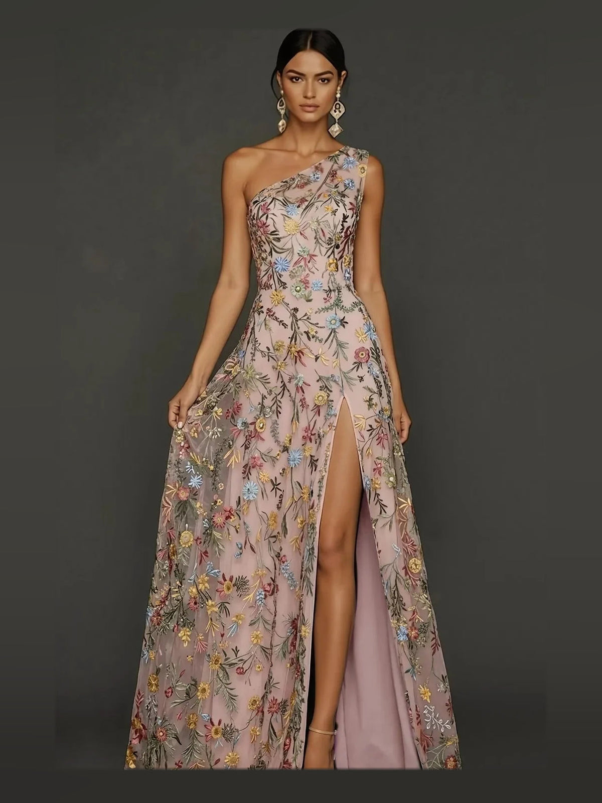 One-shoulder embroidered floral tulle prom dress with front slit, A-line, mauve