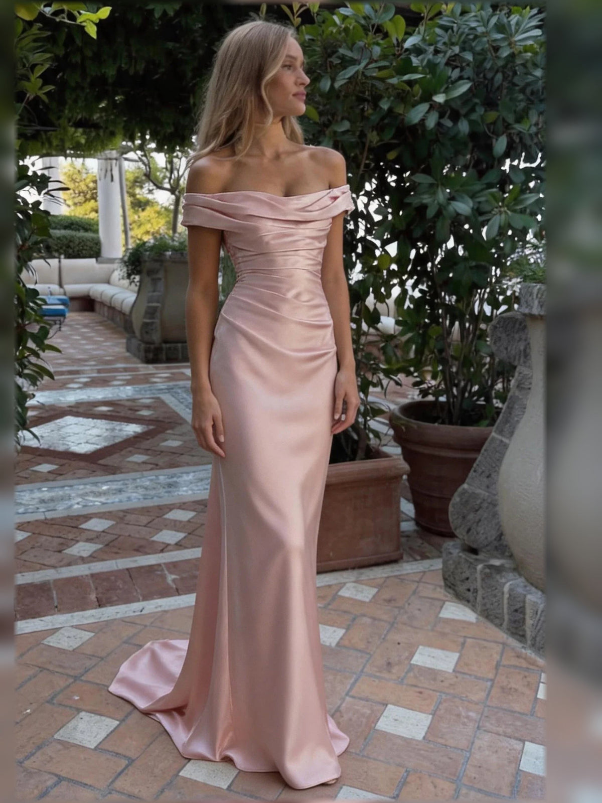 Off-shoulder satin corset formal dress, blush pink, floor-length mermaid silhouette