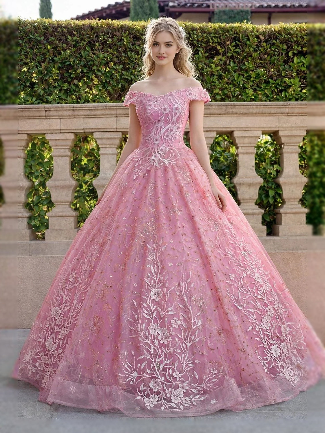 Pink off-shoulder ball-gown prom dress with corset bodice, floral tulle overlay.