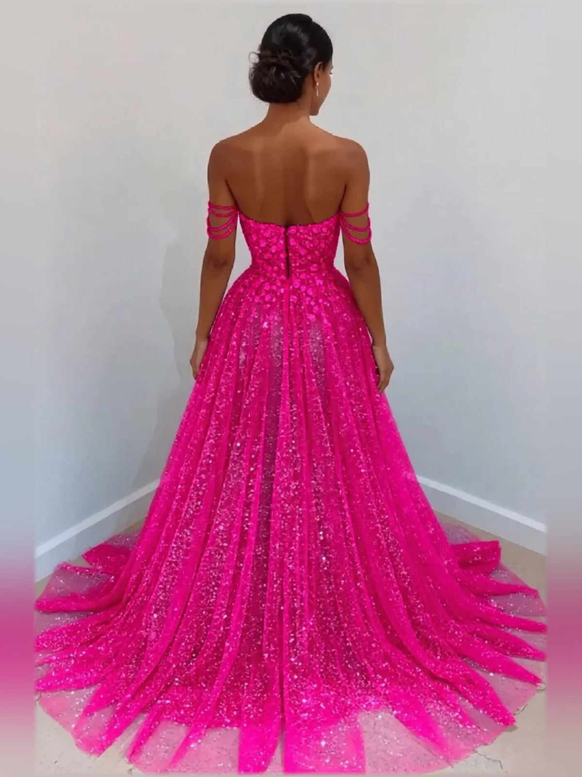 Hot pink glitter tulle formal dress, open back with off-shoulder straps and full skirt