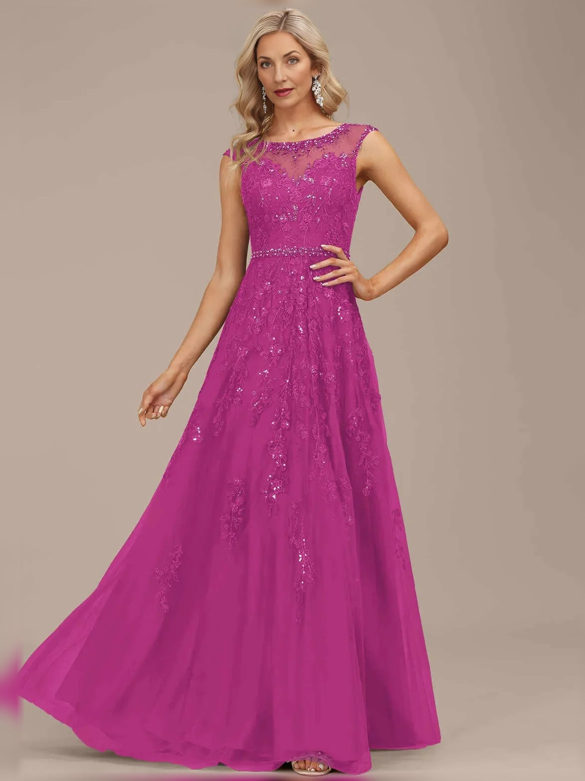 Hot pink sleeveless A-line maxi tulle dress with illusion neckline and beaded floral details