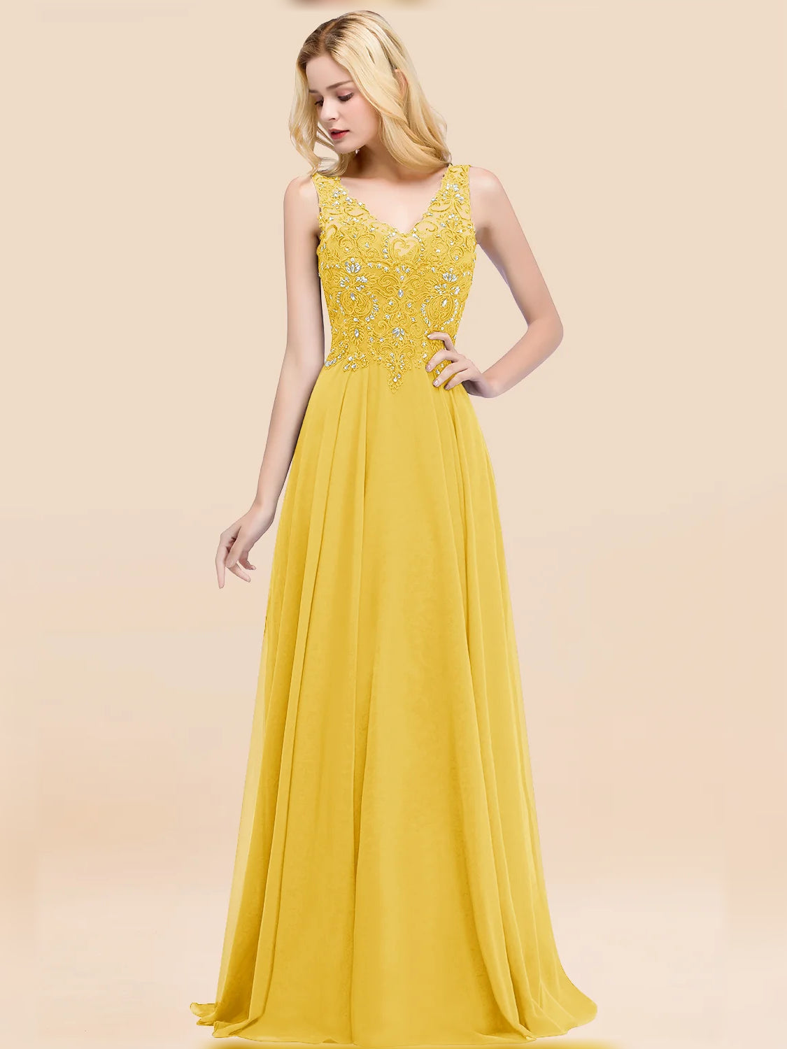 Lemon yellow V-neck A-line chiffon bridesmaid dress with lace bodice, sleeveless