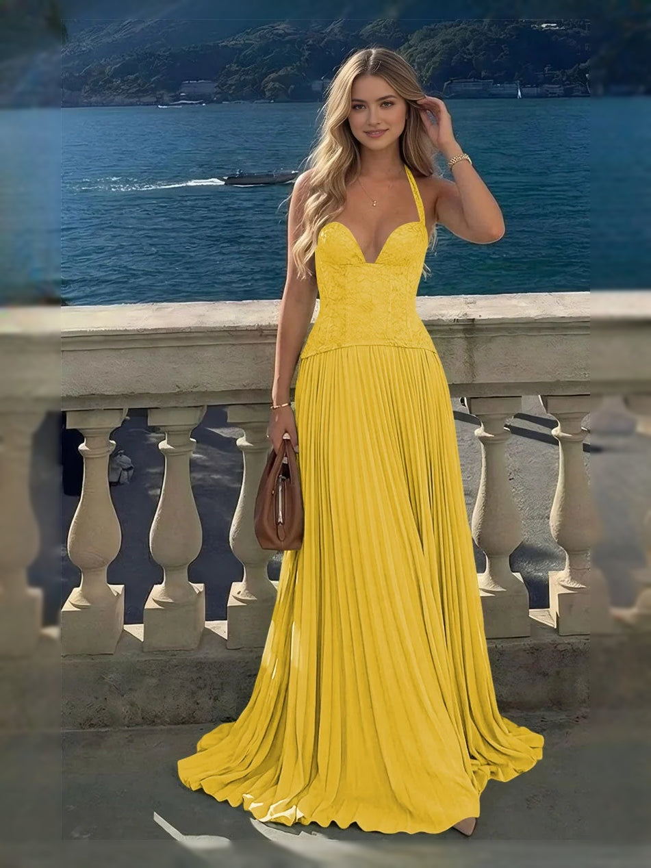 Yellow pleated maxi bridesmaid dress with sweetheart corset bodice and A-line skirt