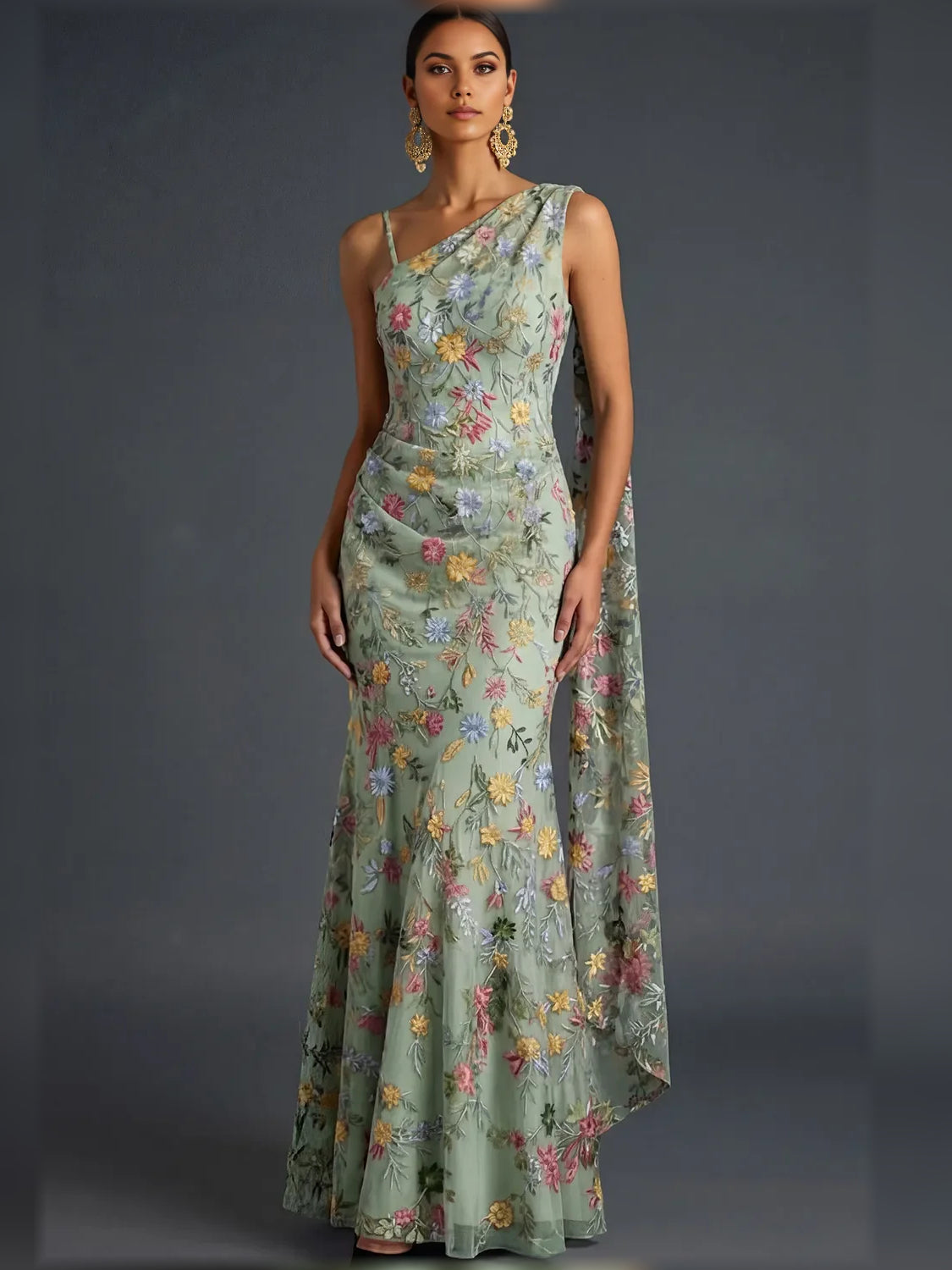 Floral print one-shoulder floor-length formal dress in celadon green
