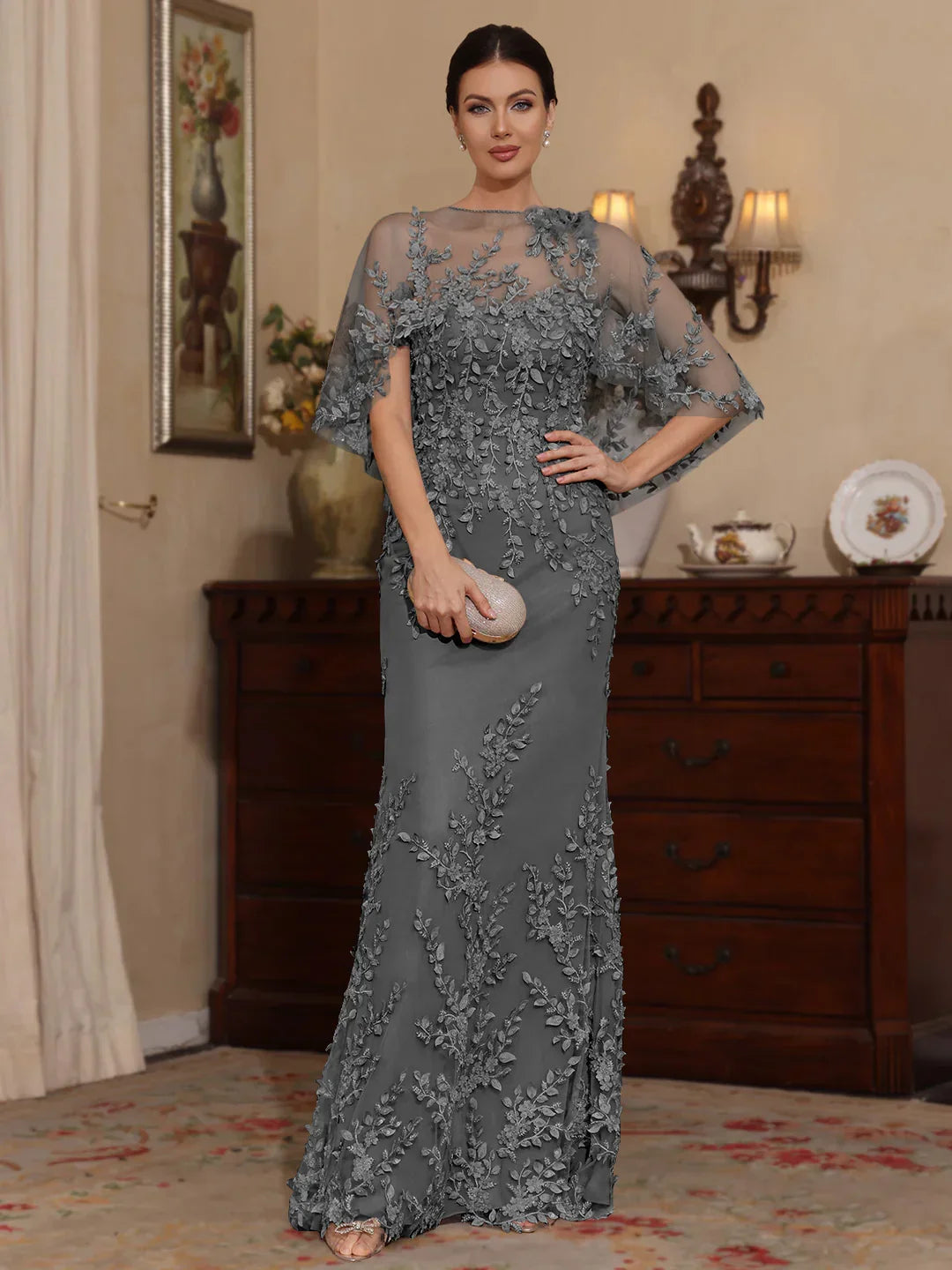 Charcoal gray floral applique mermaid dress with sweetheart neckline, cape sleeves