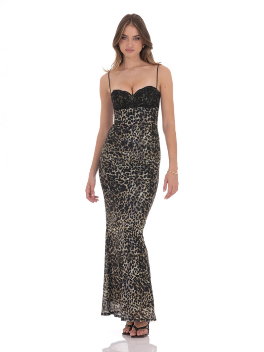 Leopard-print mesh maxi dress with black sweetheart bodice, straight hem and straps