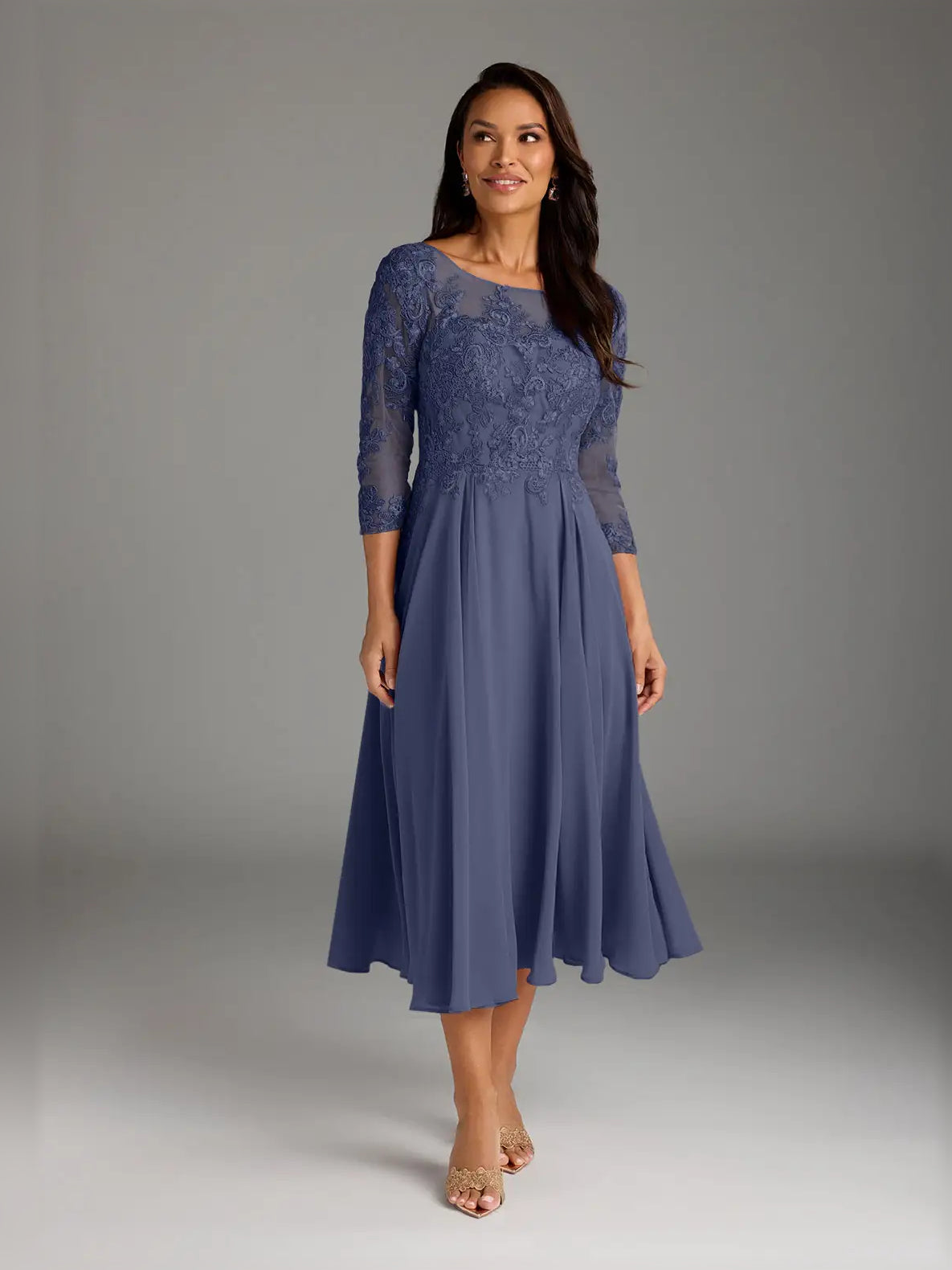 Navy floral embroidered midi chiffon dress with scoop neck, 3/4 sleeves