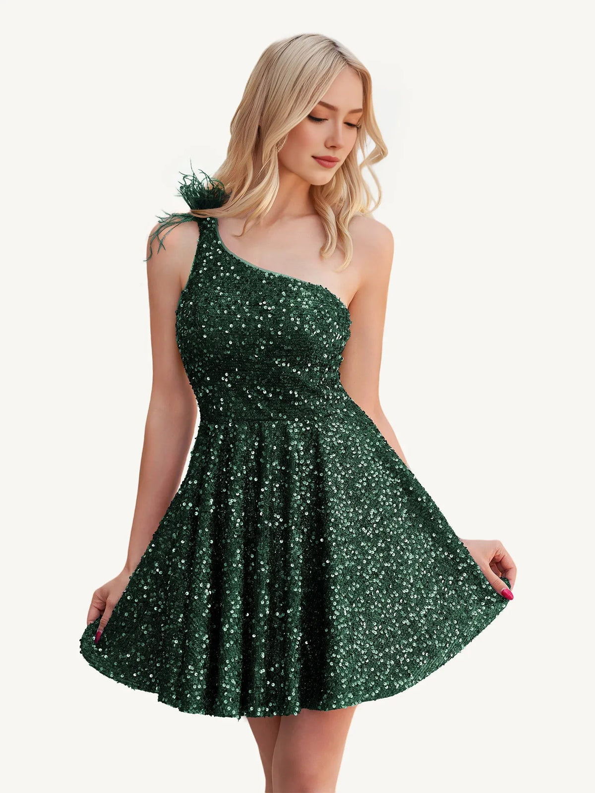 Dark green sequin one-shoulder A-line mini homecoming dress with fitted bodice