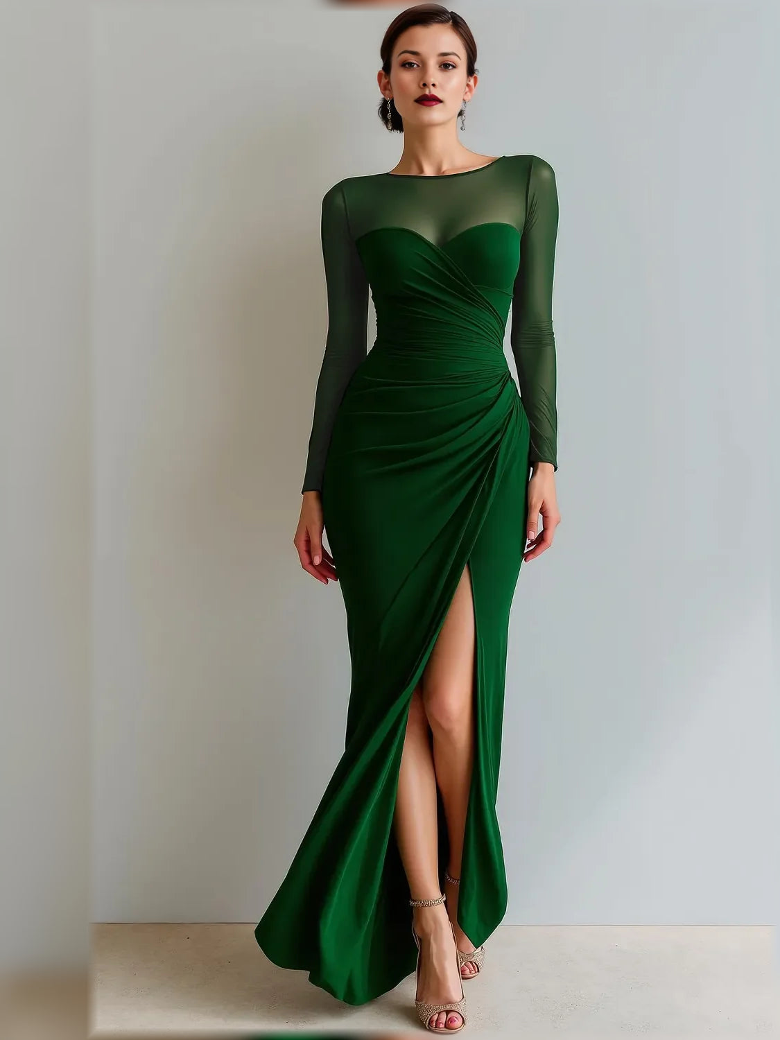 Green sweetheart long-sleeve formal dress with ruched bodice and draped wrap skirt