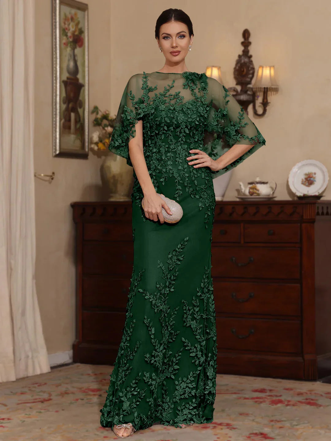Dark green floral applique mermaid dress with sweetheart neckline, cape sleeves
