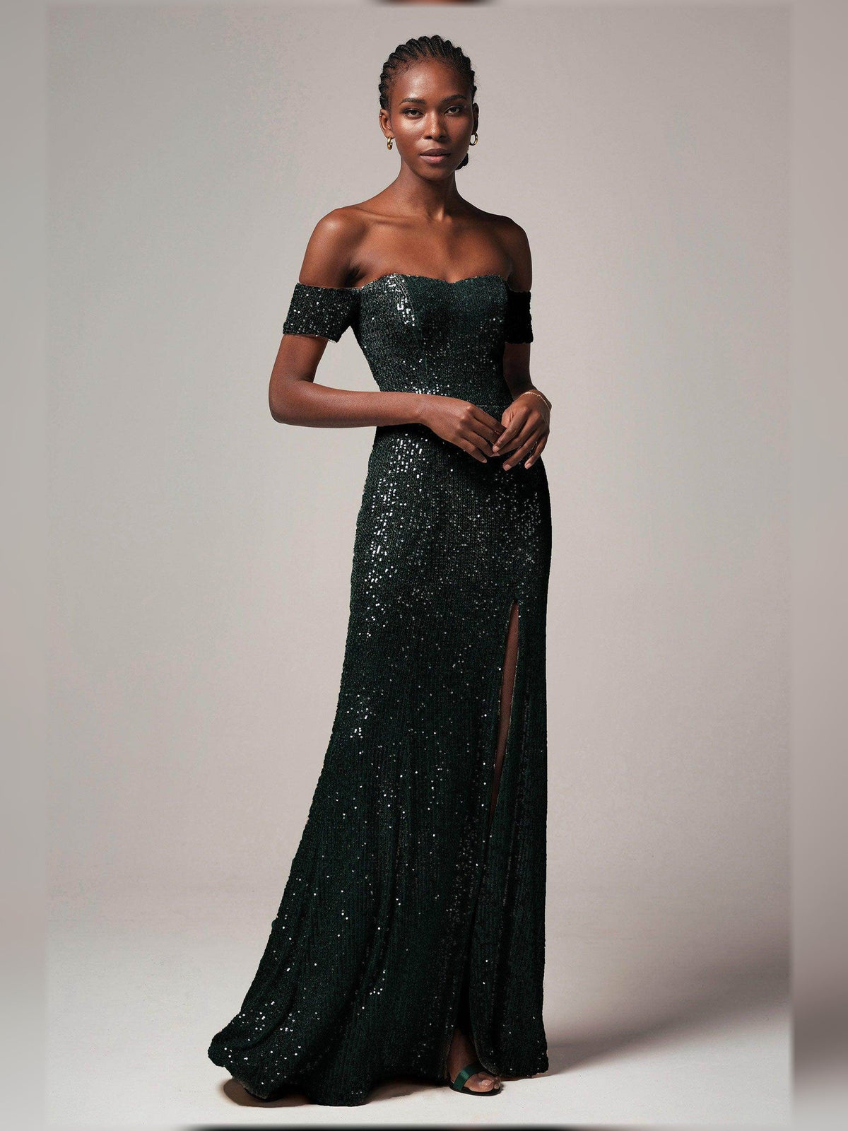Dark green sequin off-shoulder corset slit formal dress, floor-length