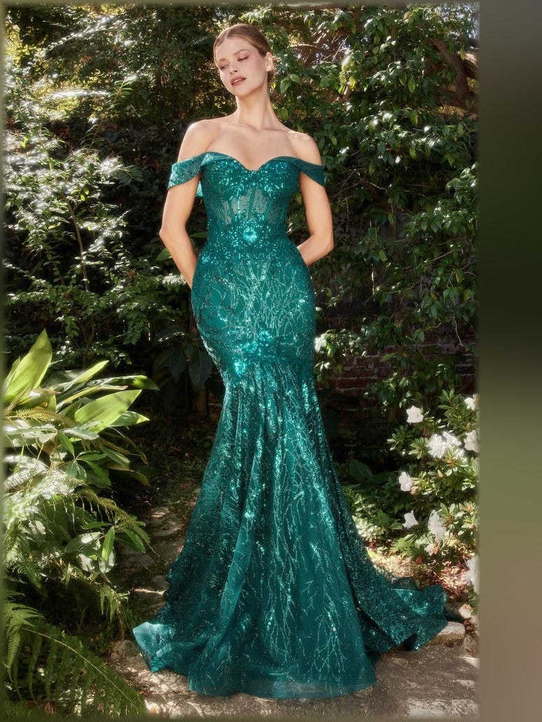 Off-shoulder corset mermaid formal dress in dark green, floor-length fitted corset silhouette
