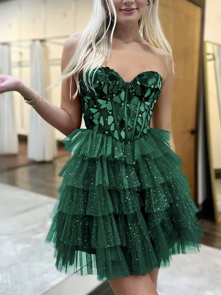 Green sweetheart corset tiered ruffle mini tulle A-line dress