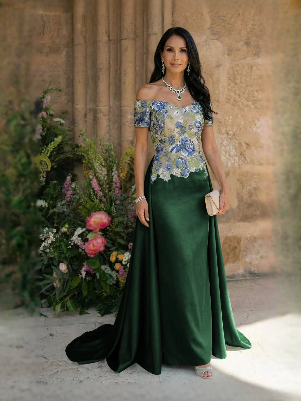 Dark green satin sheath dress with blue embroidered floral bodice and sweetheart neckline