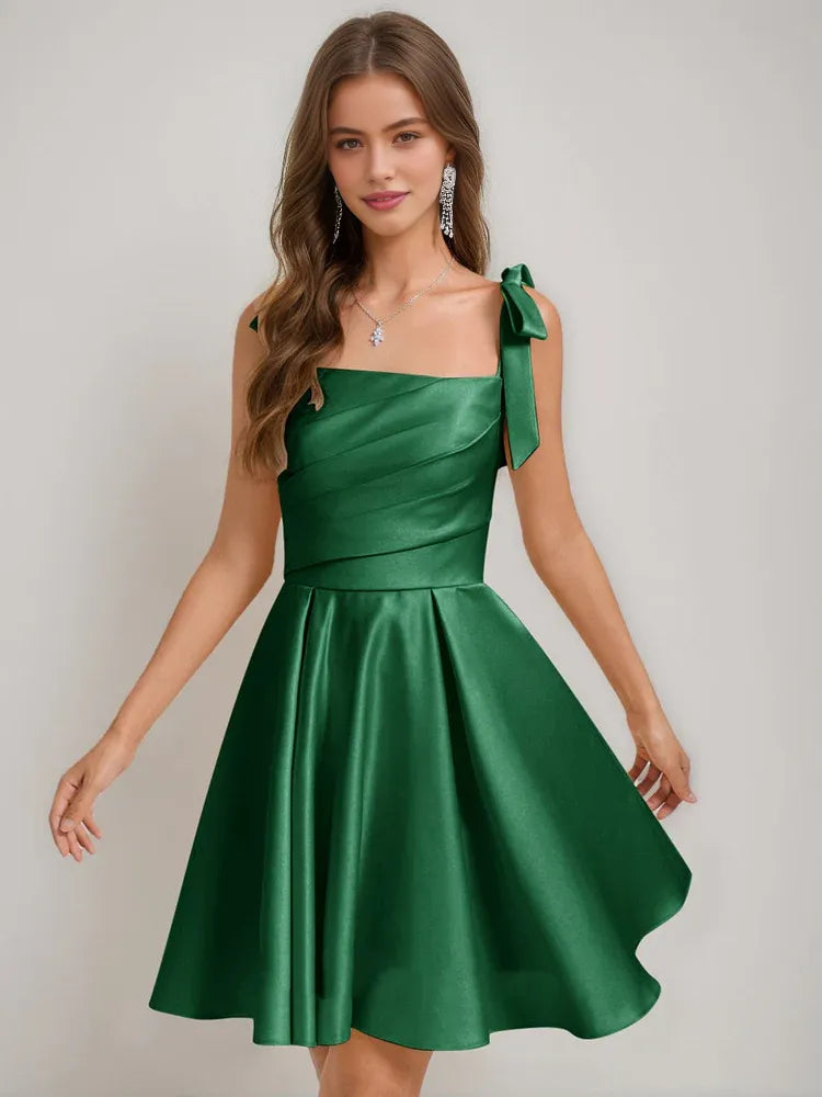 Dark green satin corset square-neck A-line short dress with side bow strap