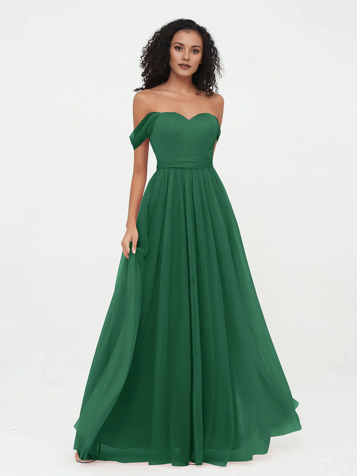 Green tulle A-line dress with sweetheart neckline and gathered pleated skirt