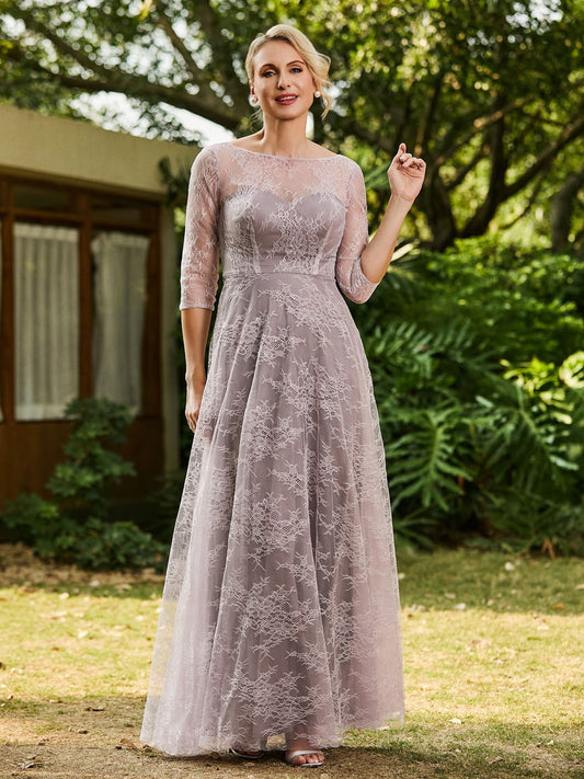 Dusty lilac lace A-line maxi dress with round neck and 3/4 sleeves
