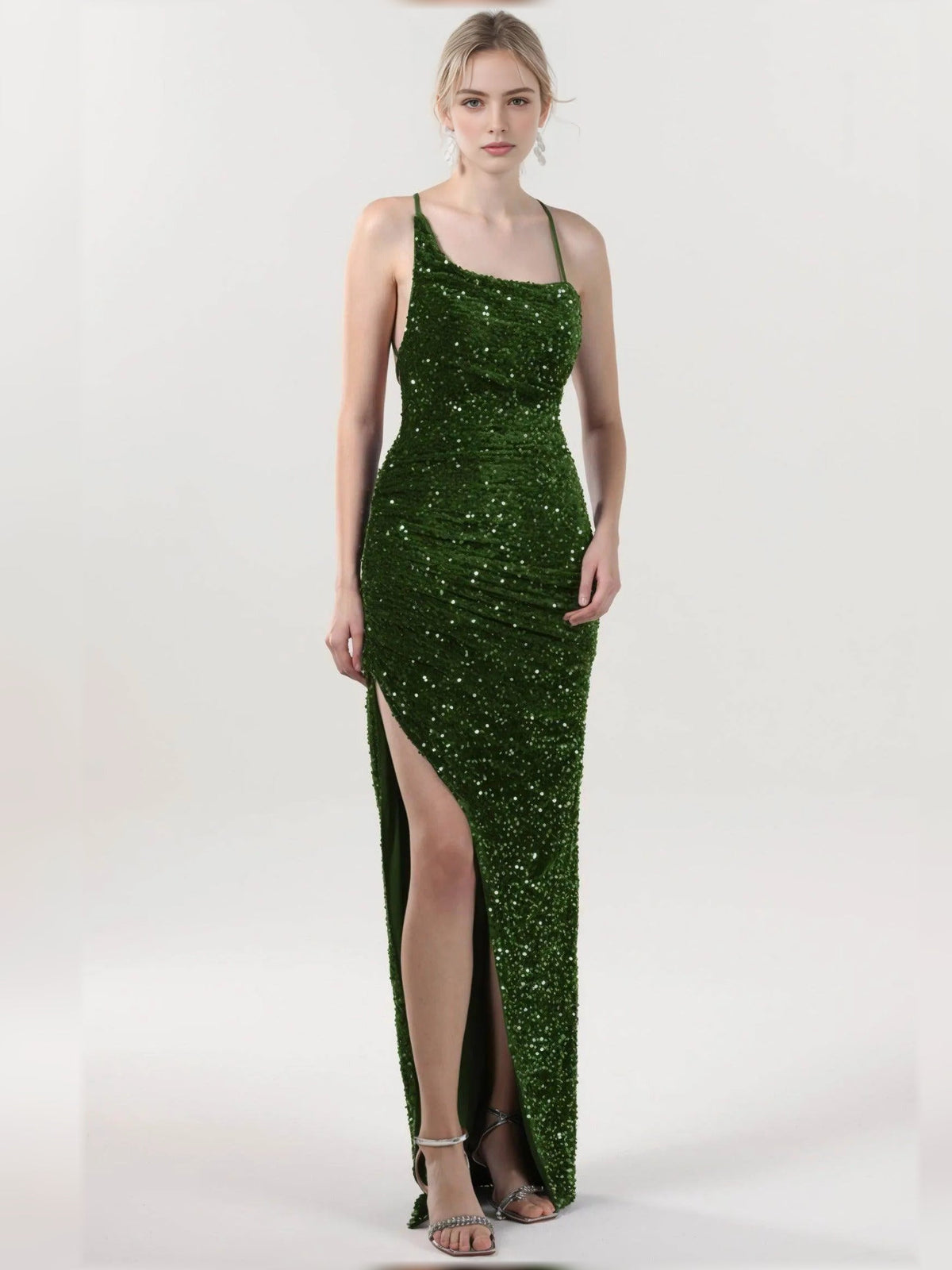 Dark green sleeveless sequin formal dress with cowl neckline and front slit, floor length
