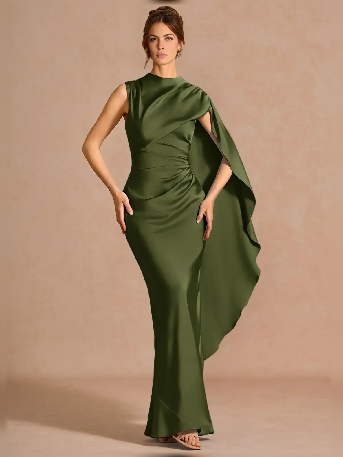 Moss green one-shoulder formal dress with ruched bodice and draped side cape