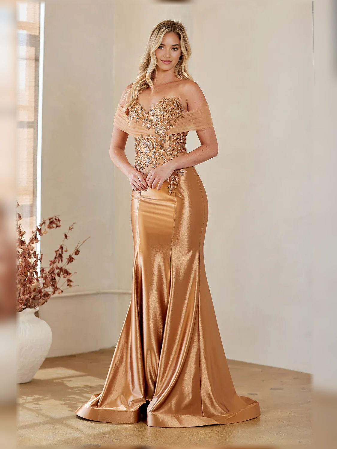 Champagne Gold off-shoulder beaded mermaid formal dress, full front view, floor-length