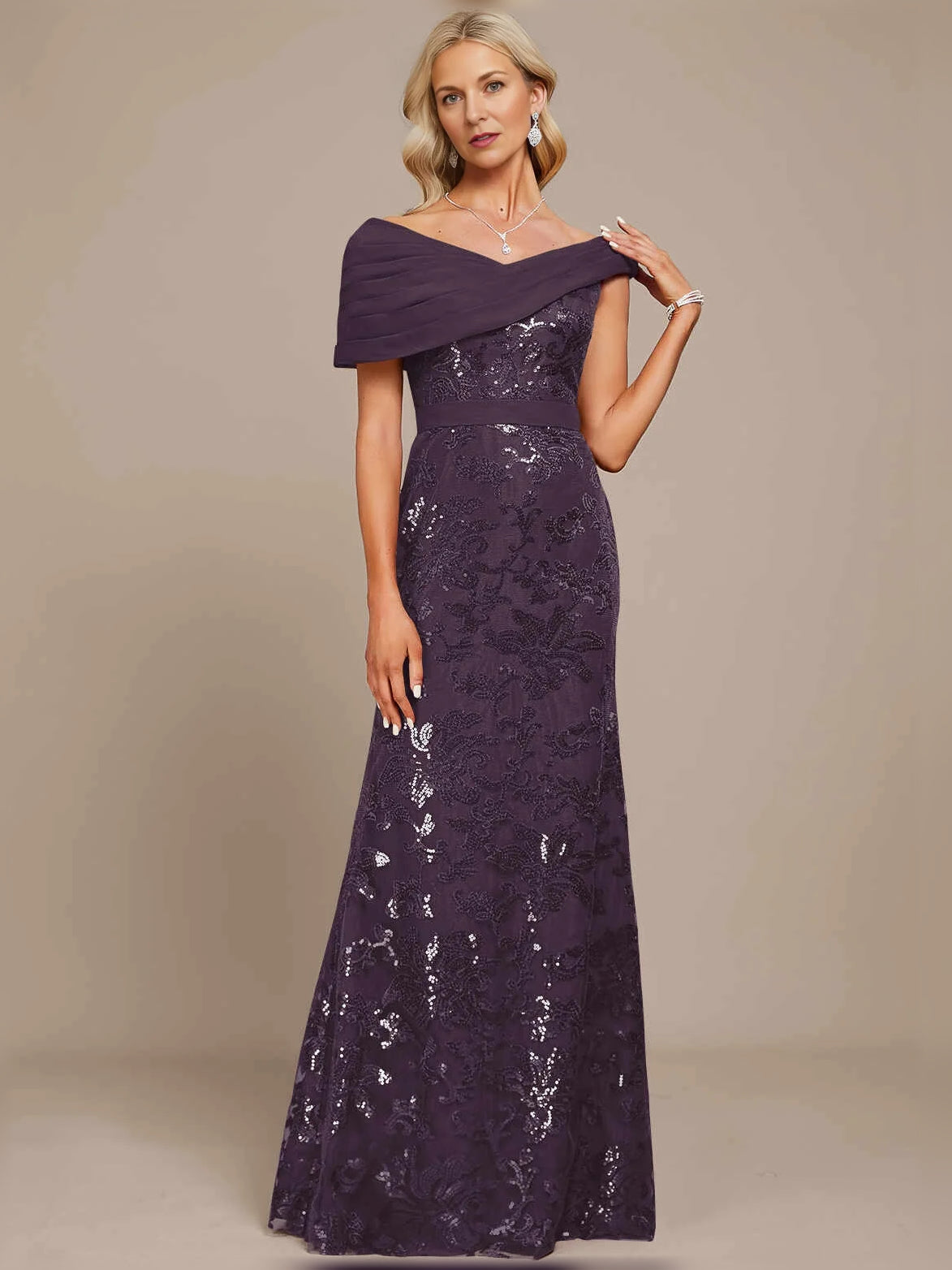Deep purple off-shoulder mermaid maxi dress, full length, floral print and draped neckline