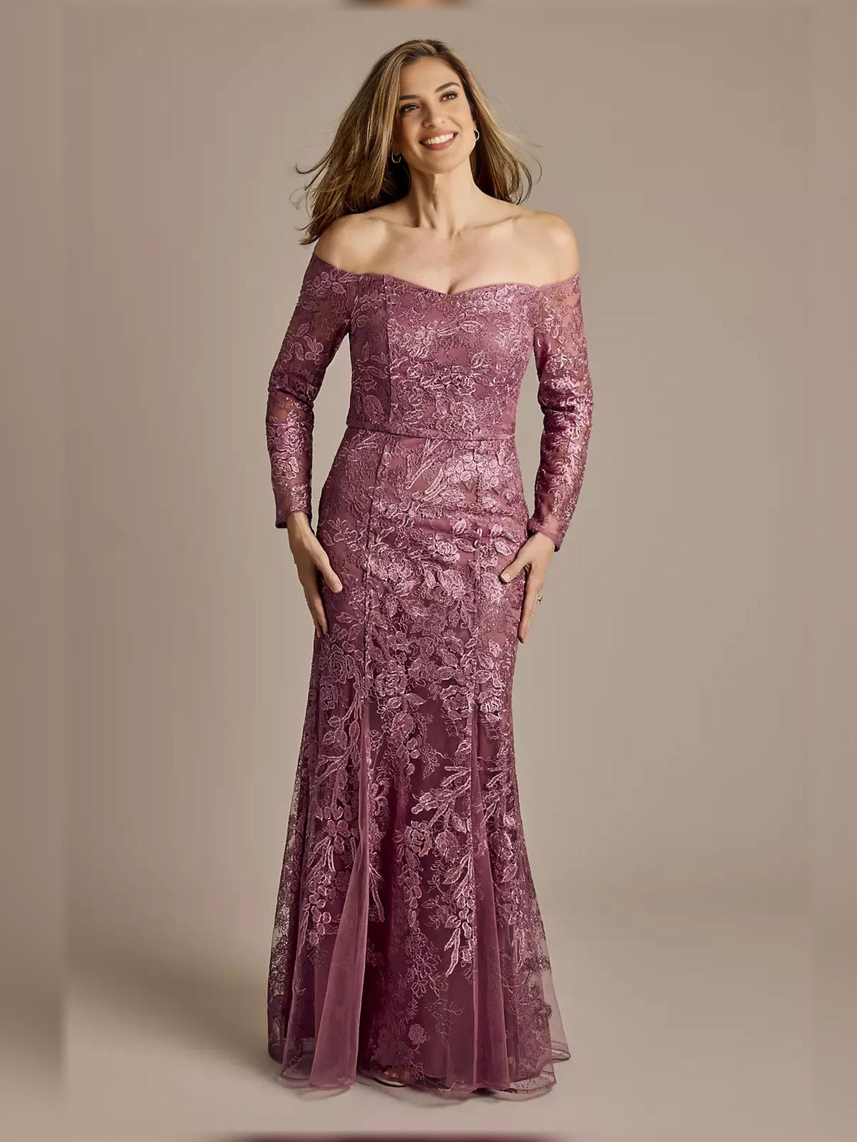 Plum off-shoulder mermaid maxi dress with floral sequin embroidery, standing front