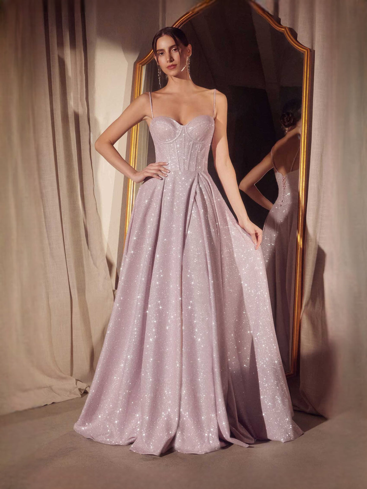 Dusty rose sparkly sweetheart corset prom dress with A-line floor-length skirt