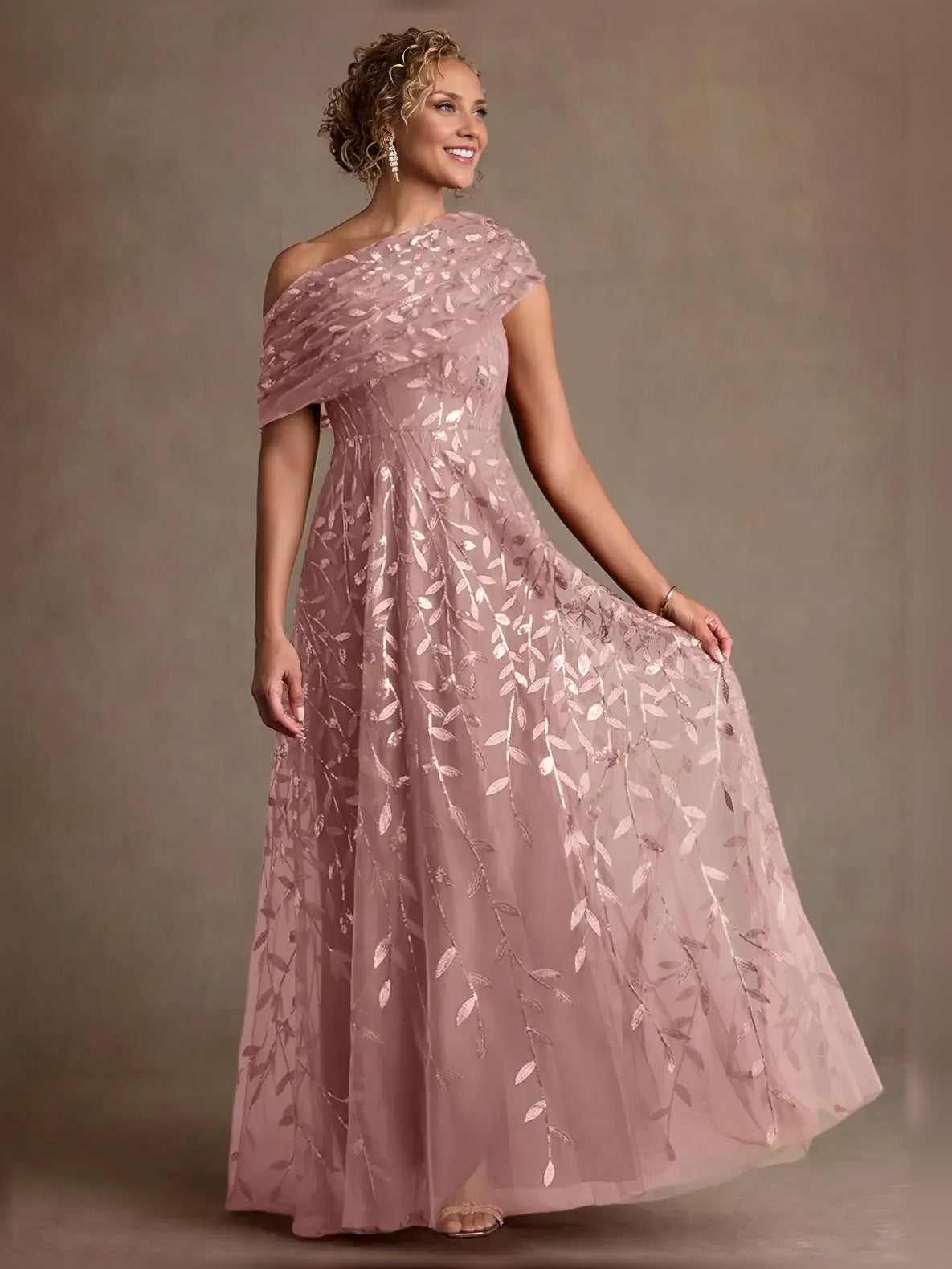 Dusty rose off-shoulder tulle A-line dress with leaf embroidery, full length