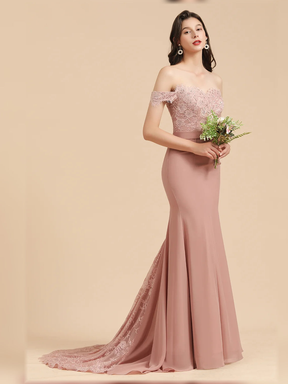 Dusty rose off-shoulder mermaid dress with floral lace sleeves and floor-length skirt