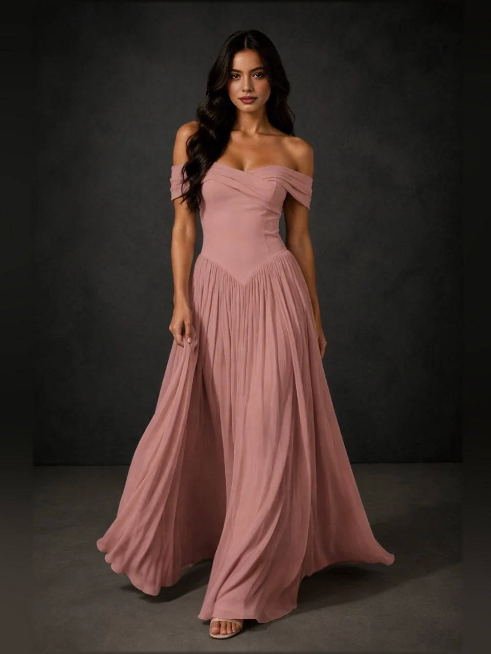Corset sweetheart A-line floor-length dress in dusty rose with ruched bodice