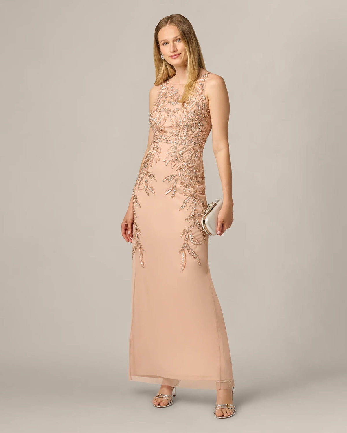 Rose gold sleeveless maxi sheath dress with all-over beadwork and elegant column fit