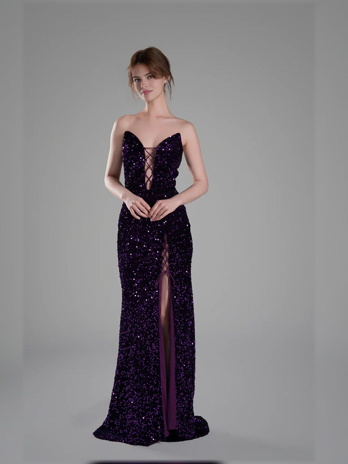 Grape sequin mermaid formal dress with sweetheart neckline and front thigh slit