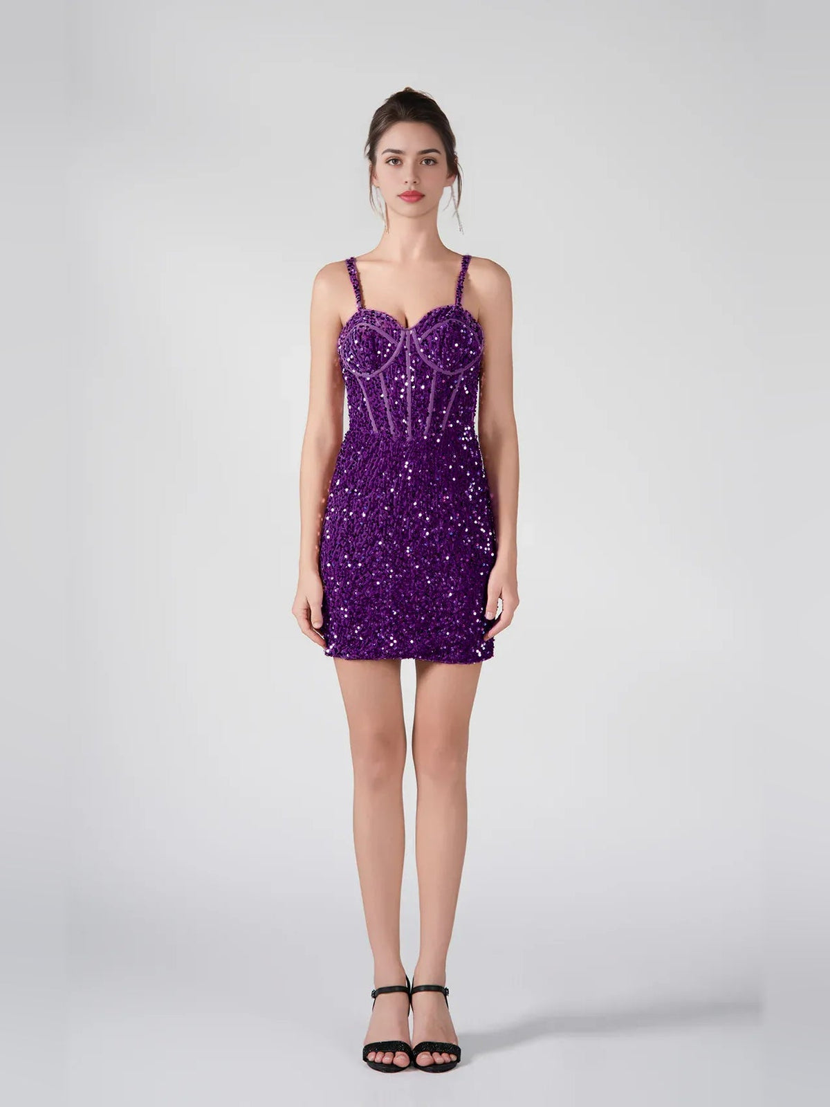 Purple sequin mini dress with sweetheart corset bodice and thin spaghetti straps