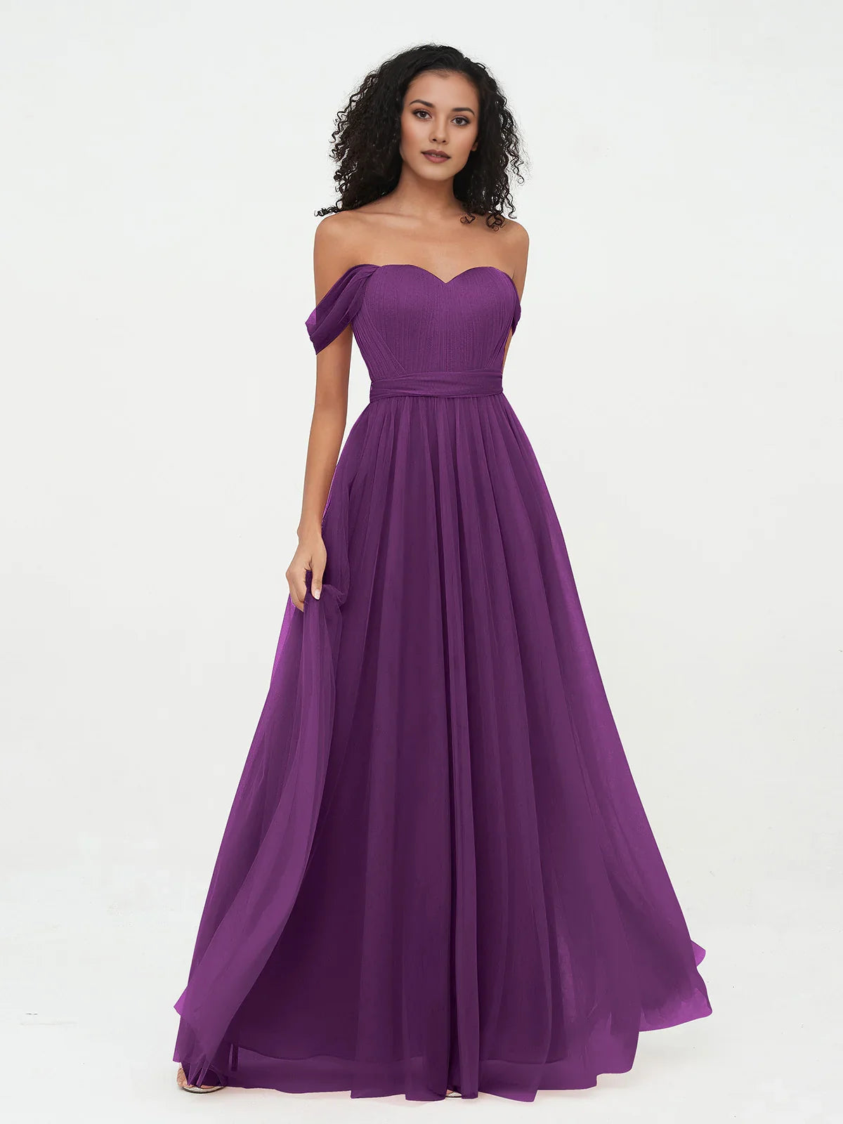 Purple sweetheart off-shoulder pleated A-line tulle bridesmaid dress with draped skirt