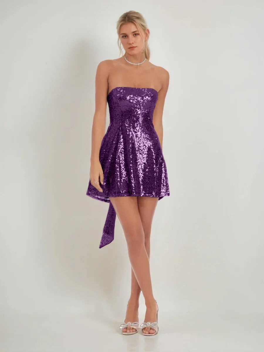 Bow sequin strapless A-line mini homecoming dress, grape purple shimmer with side bow
