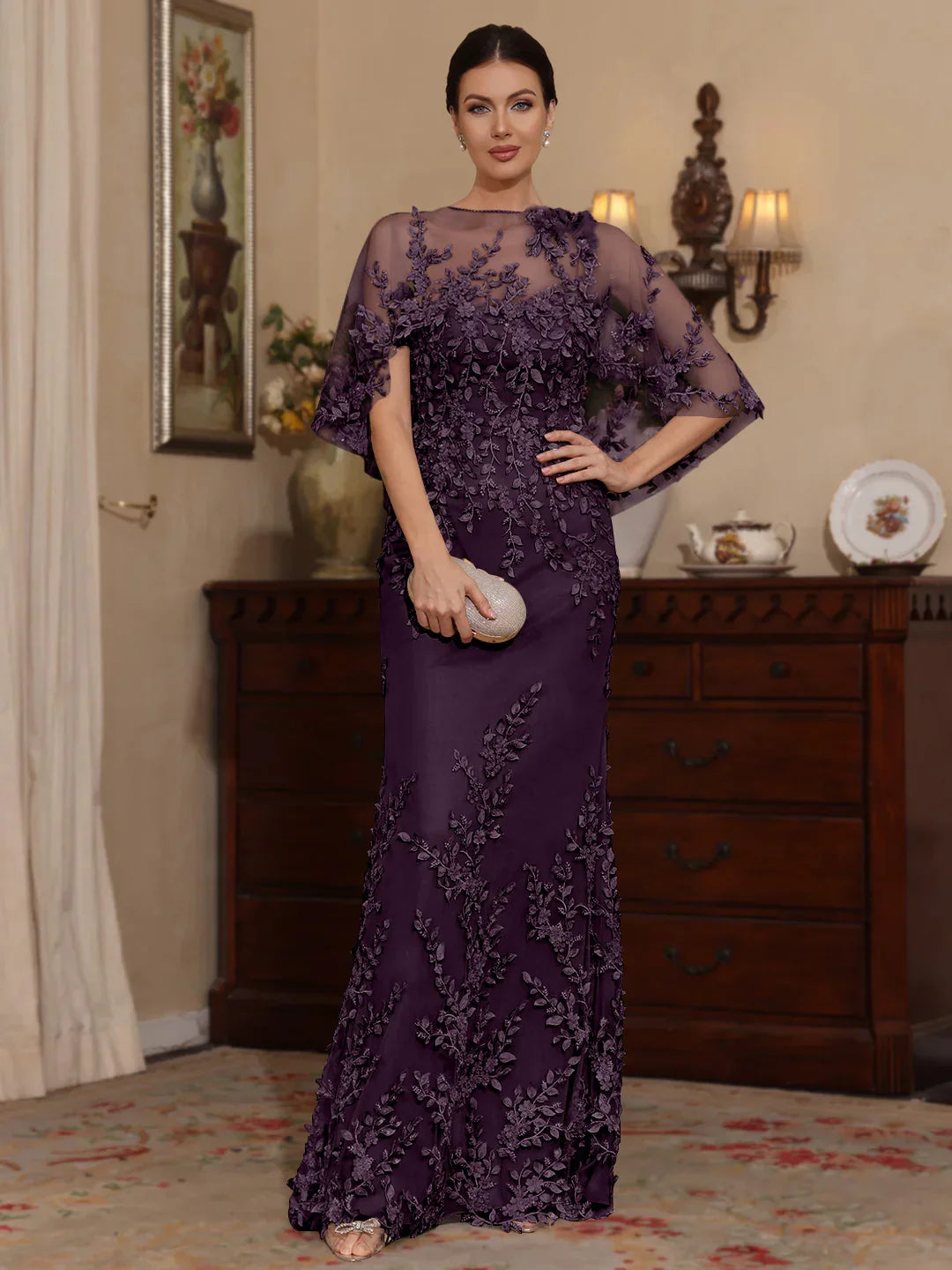 Grape purple floral applique mermaid dress with sweetheart neckline, cape sleeves
