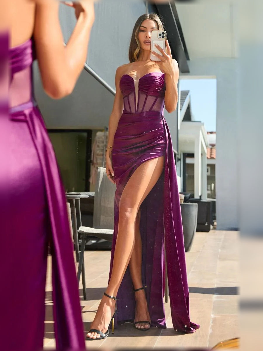 Strapless corset formal dress, grape satin with sweetheart neckline and front slit