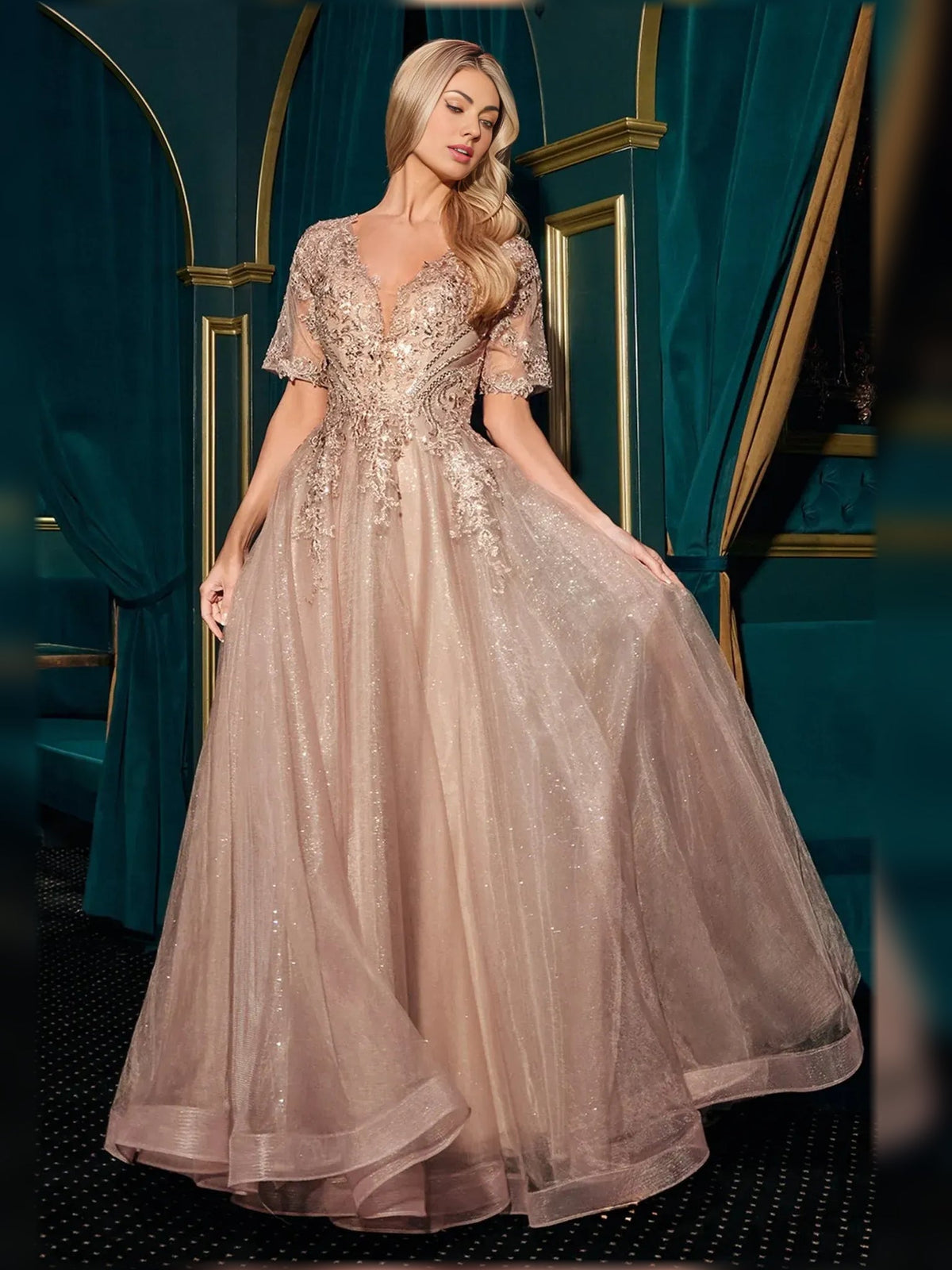 Mocha gold V-neck A-line lace floor-length formal dress, flowing skirt