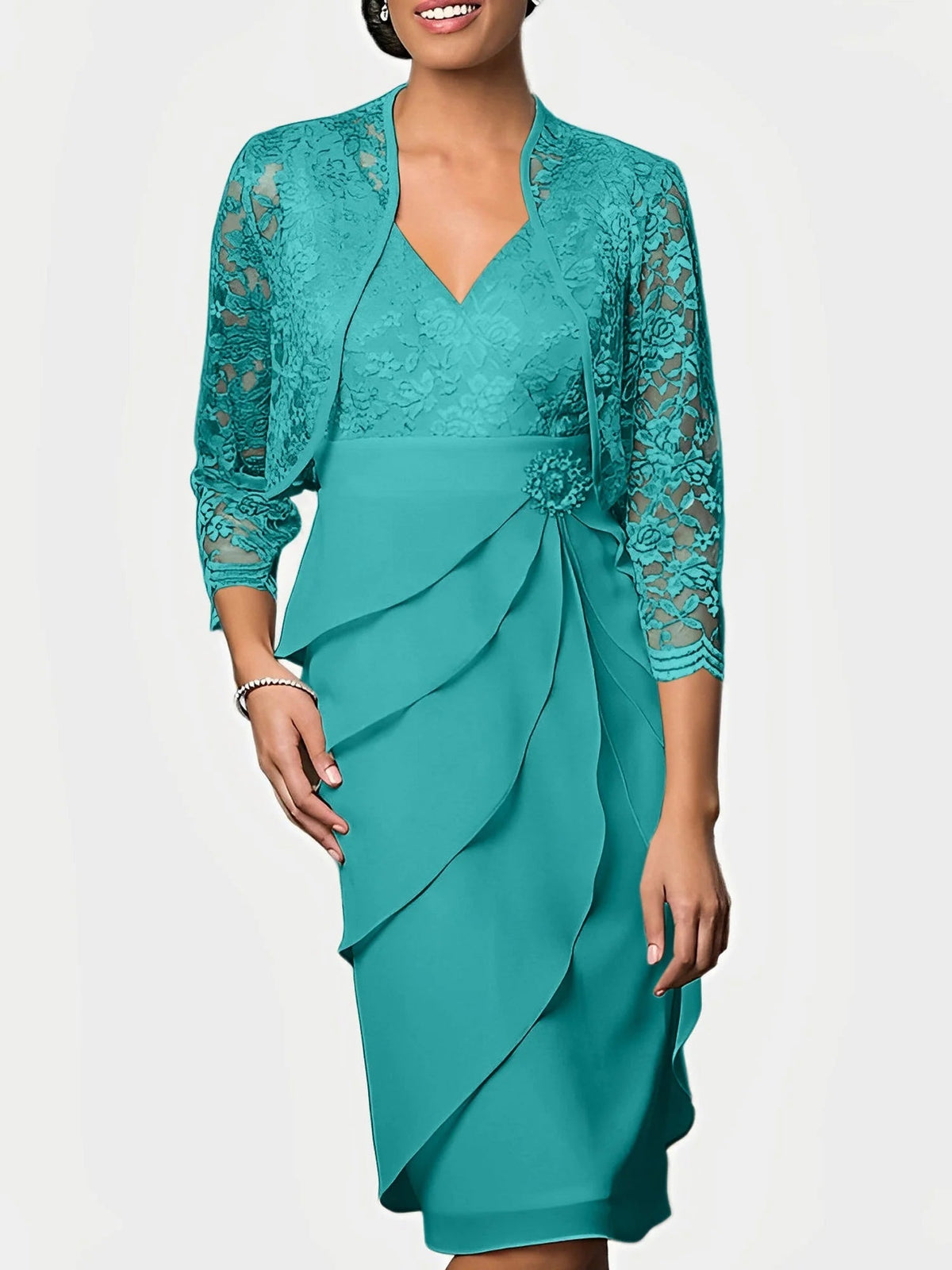 Ruffled V-neck fit-and-flare knee-length mother of the bride dress in teal with lace sleeves