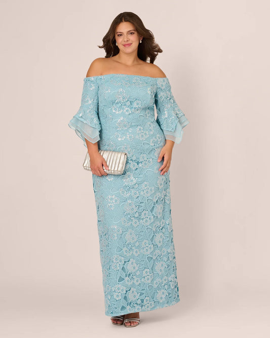 Light aqua off-shoulder lace A-line maxi dress with flutter sleeves and side clutch