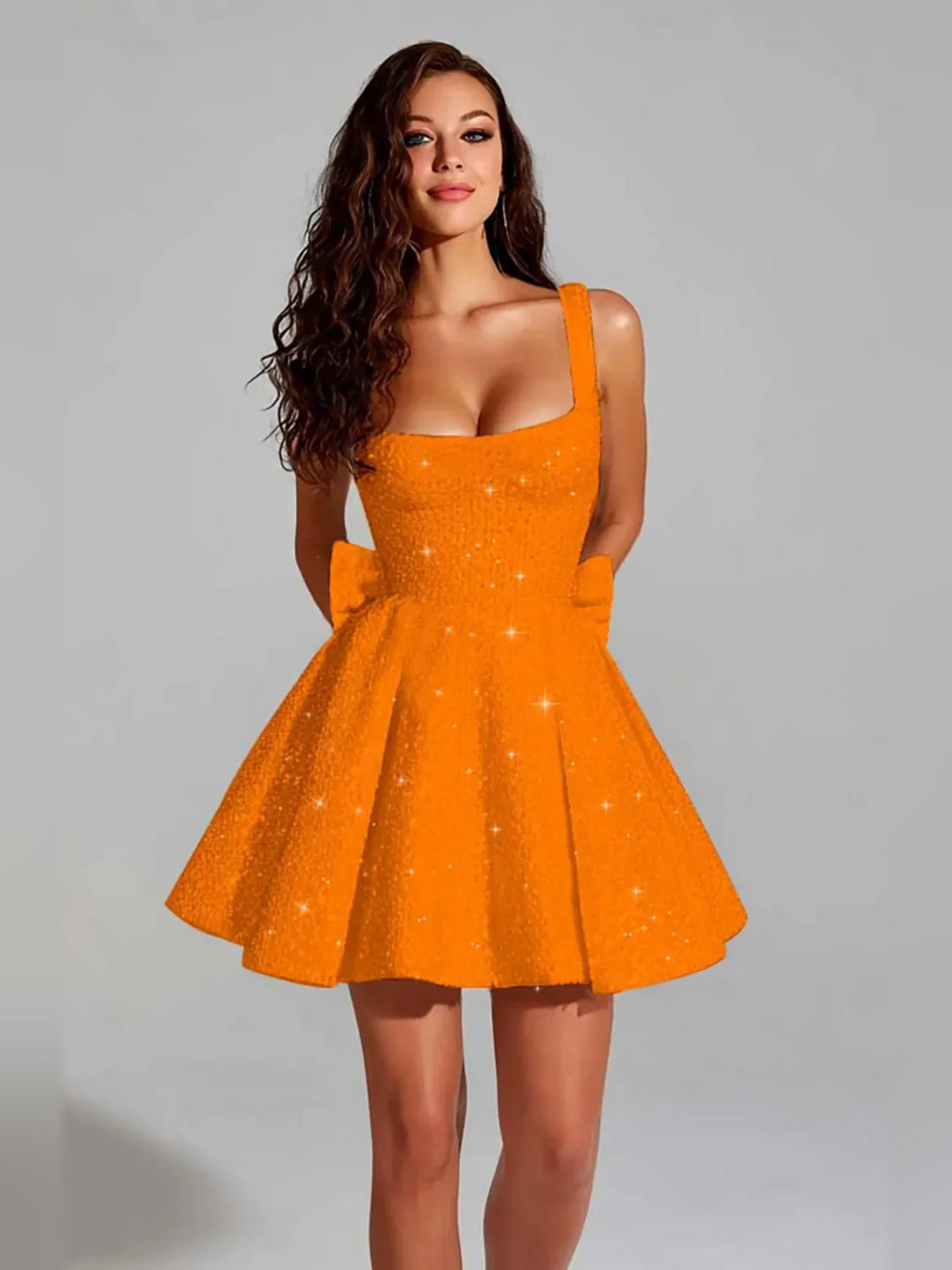 Orange sequin square-neck A-line mini dress with flared skirt