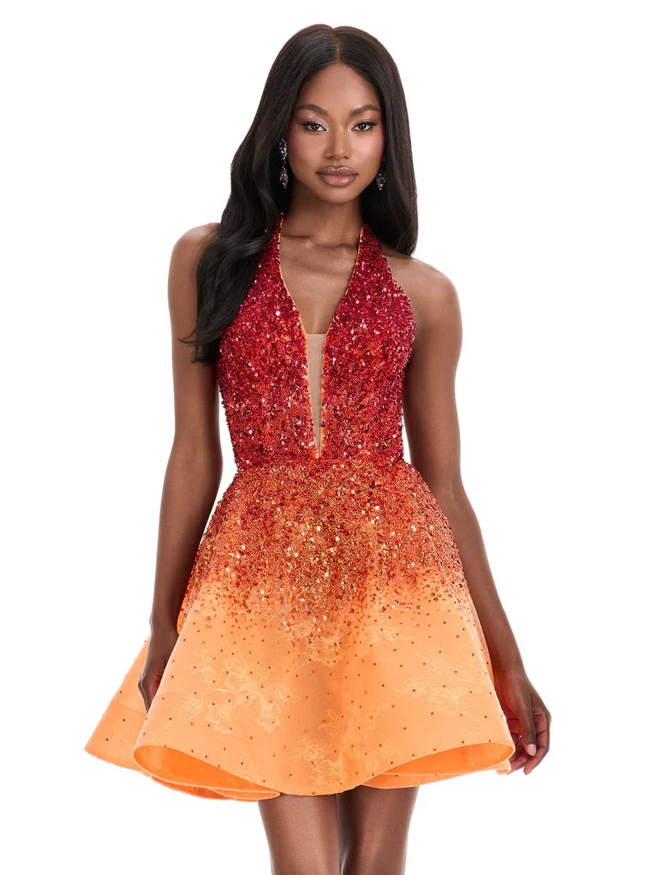 Sequin halter neck A-line mini dress with red-to-orange gradient and front cutout