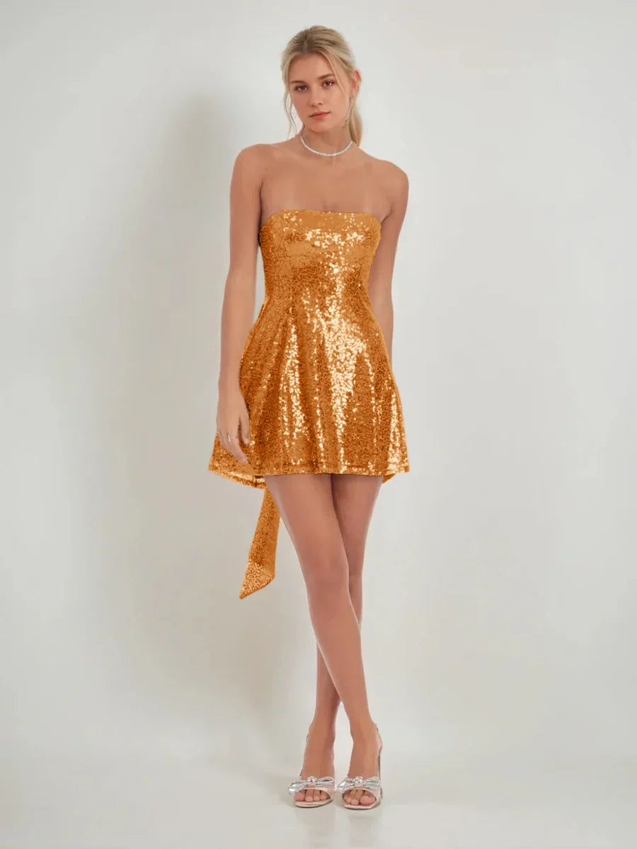Gold sequined strapless A-line mini homecoming dress with side bow