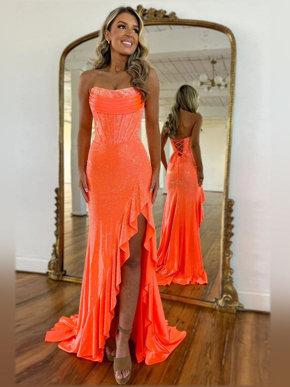 Strapless slit mermaid formal dress, coral orange, ruched bodice with ruffled floor hem