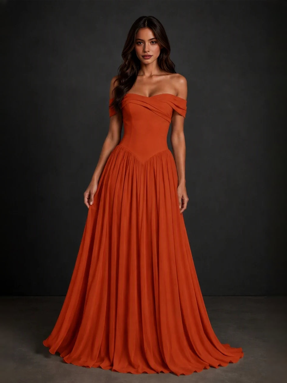 Corset sweetheart A-line floor-length dress in terracotta with gathered skirt