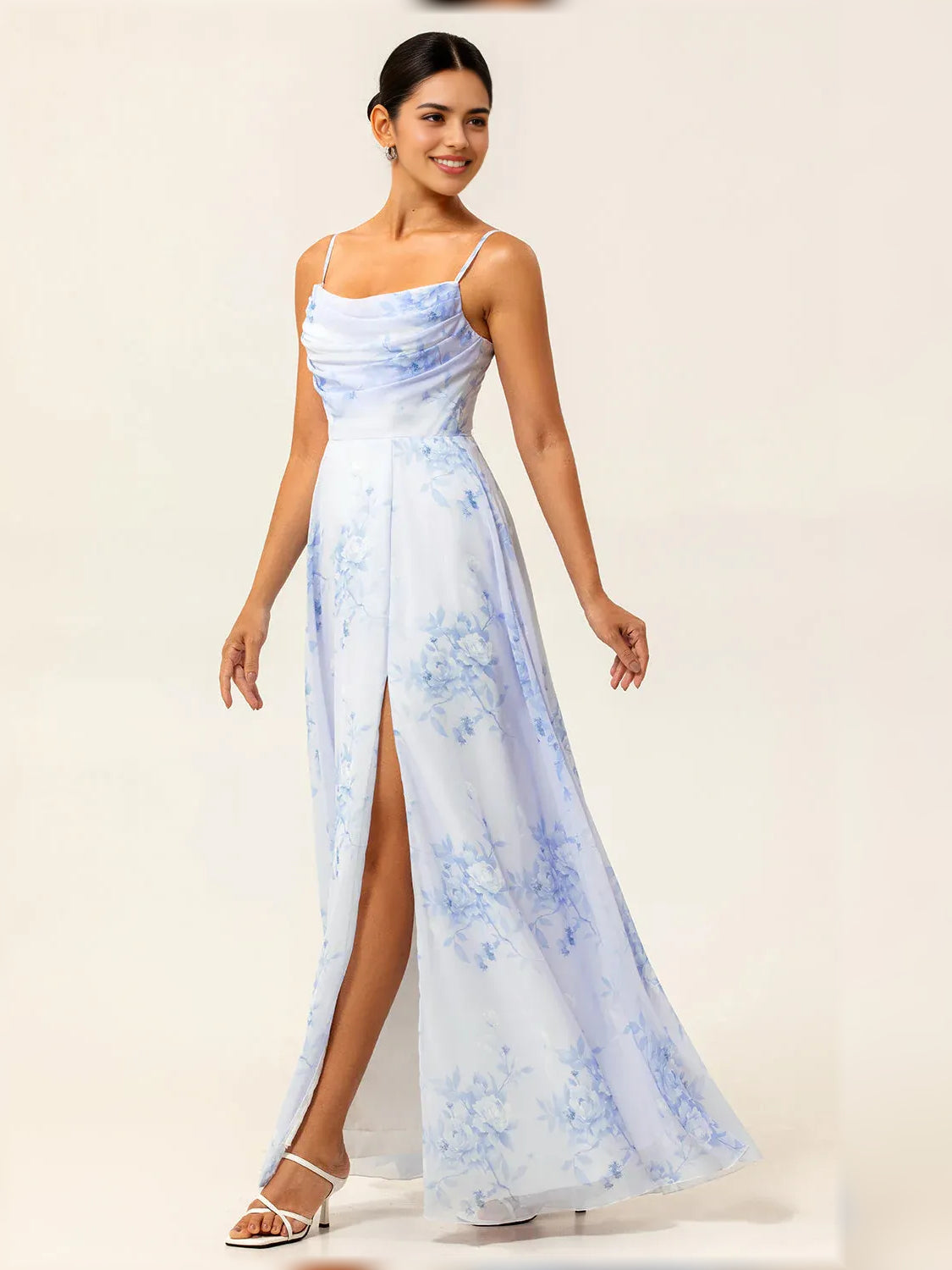 Light blue floral cowl-neck formal dress with draped neckline and front slit, floor-length