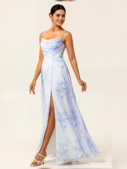 Light blue floral cowl-neck formal dress with draped neckline and front slit, floor-length