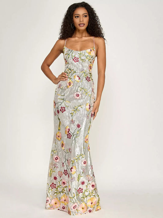 Front view floral print embroidered formal dress, light gray with thin spaghetti straps