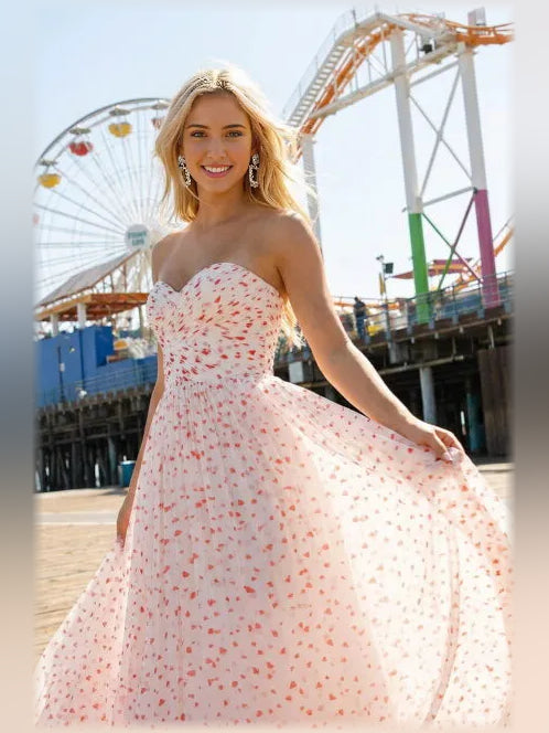 Sweetheart ruching midi formal dress, white with red floral print, ruched bust, flowing midi skirt