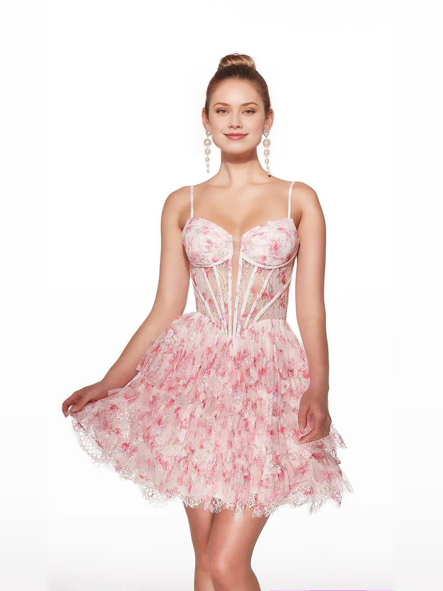 Front view pink floral corset mini dress with sweetheart bust and tiered ruffled hem